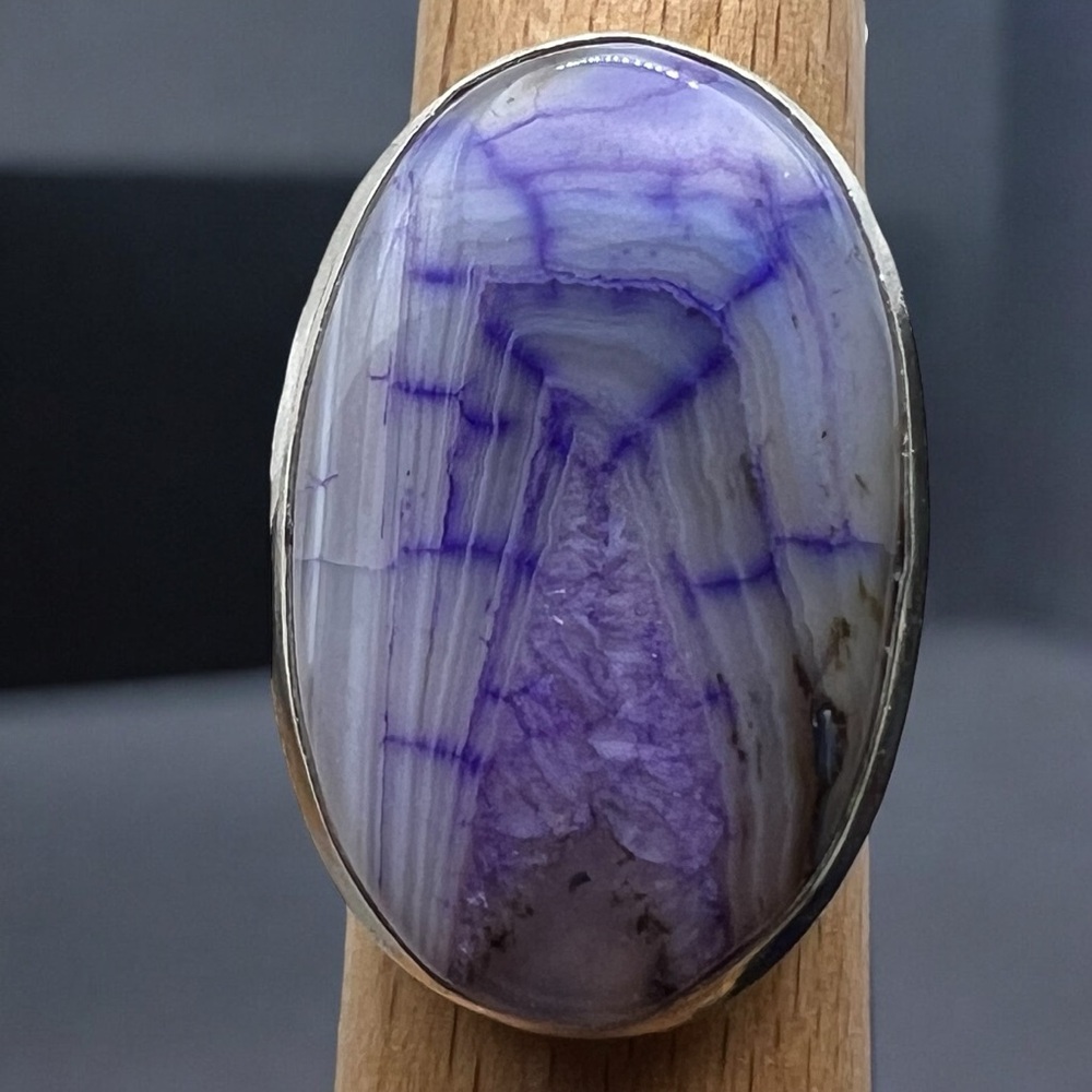 New Purple Enhanced Botswana Agate Dragon Vein Silver Overlay Ring Size 8